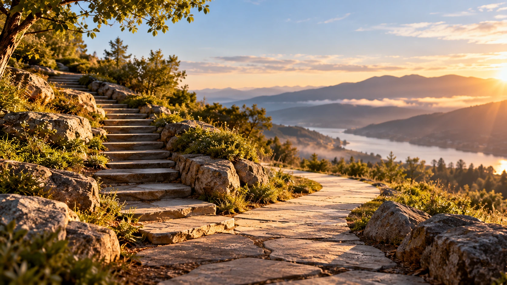 Stone pathway and steps overlooking a peaceful mountain lake at sunset, symbolizing spiritual growth and a journey toward God.